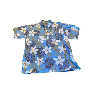 Go Barefoot  Blue with Green Hawaiian Fern Palm Floral Pop Over Shirt Size X LAR